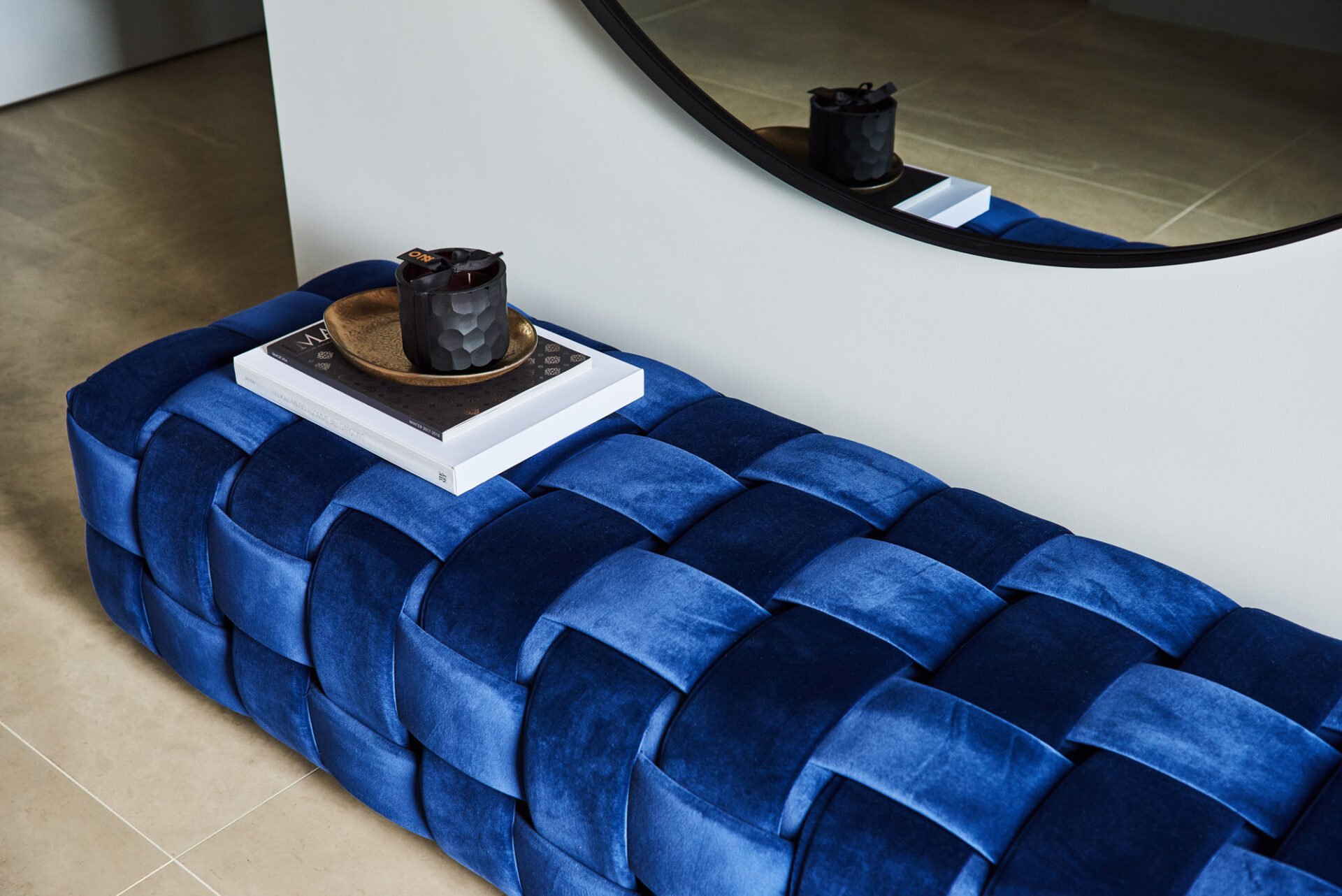 blue suede couch detail