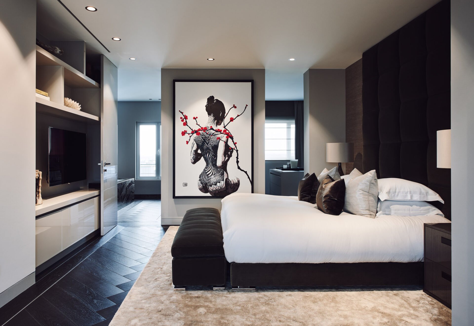 interior design bedroom with japanese painting